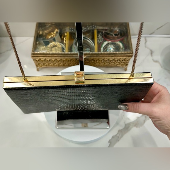 Vintage Ideal - Black Patent Leather, Lizard-Skin-Embossed Clutch/Purse EUC - Picture 8 of 17